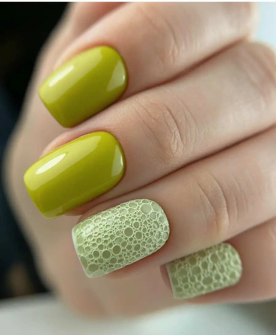 Nail Designs to Try in August 2025 Bubble Texture and Chartreuse Gloss