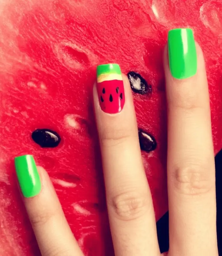 Nail Designs to Try in August 2025 Neon Green Watermelon Vibes
