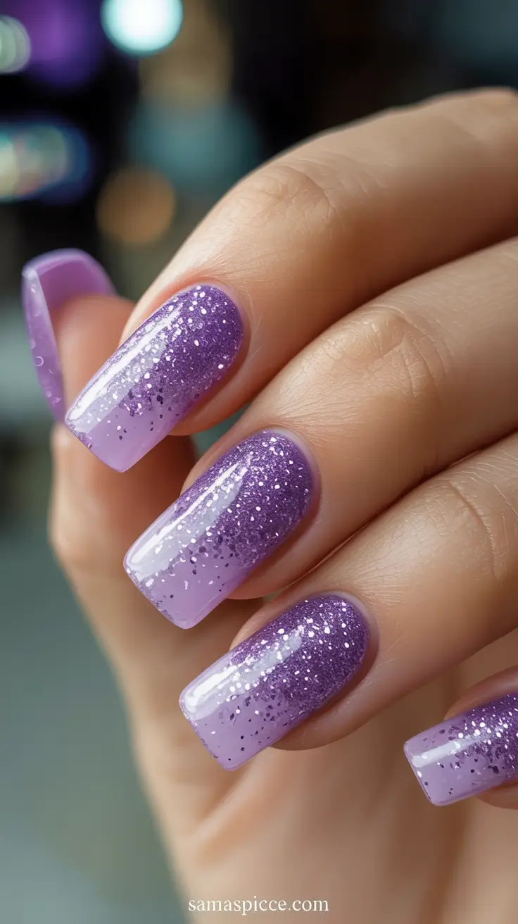 Nail Designs to Try in August 2025 Lavender Glitter Fade