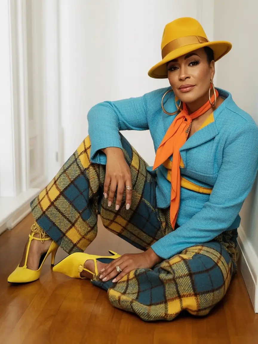 Stylish fall 2025 fashion outfits for women 40+ Bright Plaid Energy Meets Vintage Glam