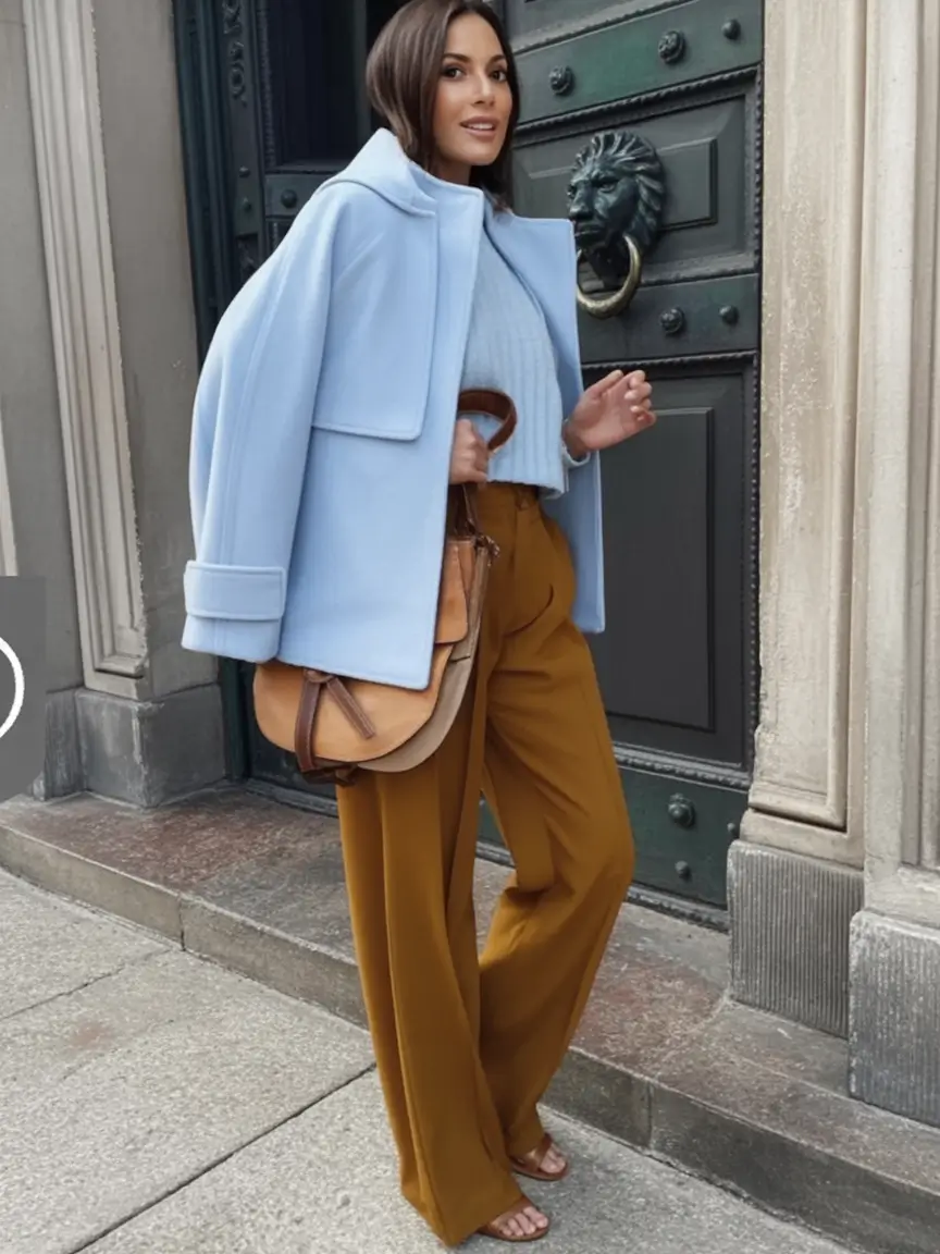 Stylish fall 2025 fashion outfits for women 40+ Powder Blue Meets Golden Hour