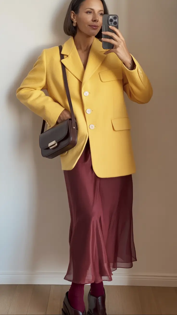 Stylish fall 2025 fashion outfits for women 40+ Chic Contrast: Mustard and Merlot