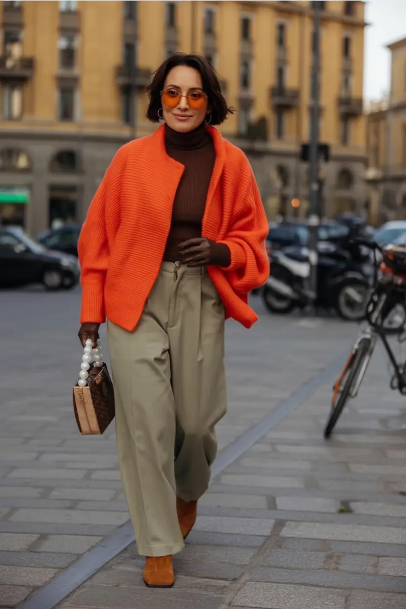 Stylish fall 2025 fashion outfits for women 40+ Spiced Tangerine and Coffee Hues