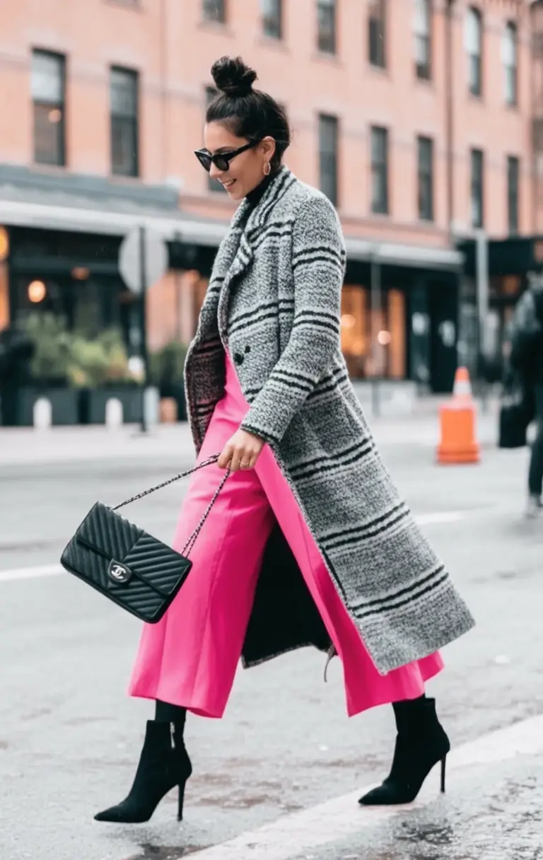 Stylish fall 2025 fashion outfits for women 40+ High Contrast Chic with Pink Power