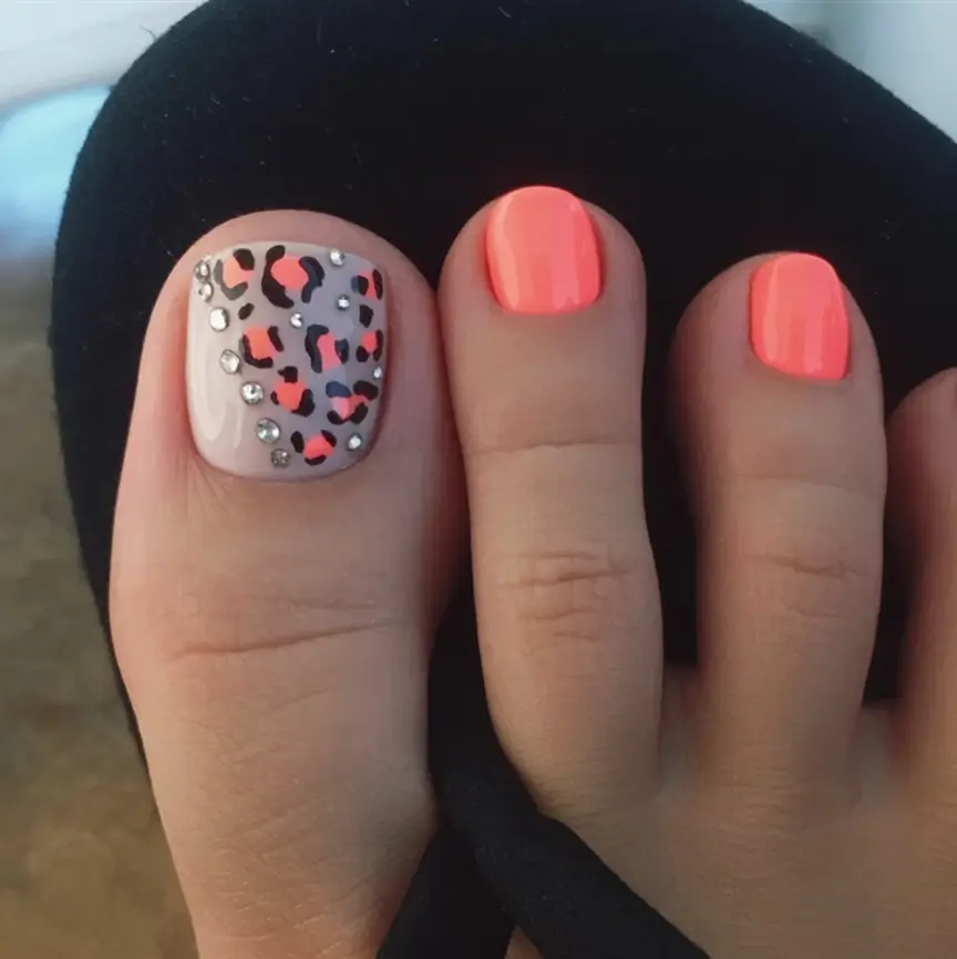 toe nail ideas august 2025 - pedicure inspiration Neon Leopard With Crystal Accents