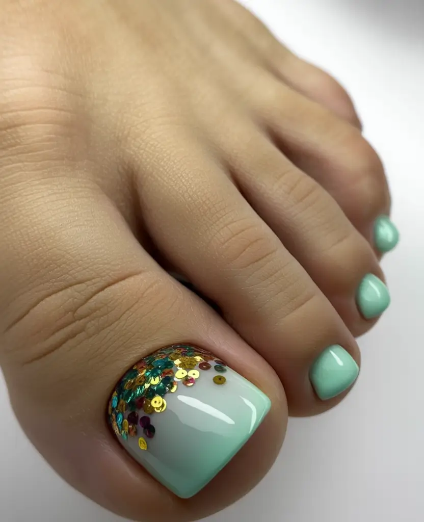 Toe Nail Ideas August 2025 - Pedicure Inspiration Mint Glitter Fade