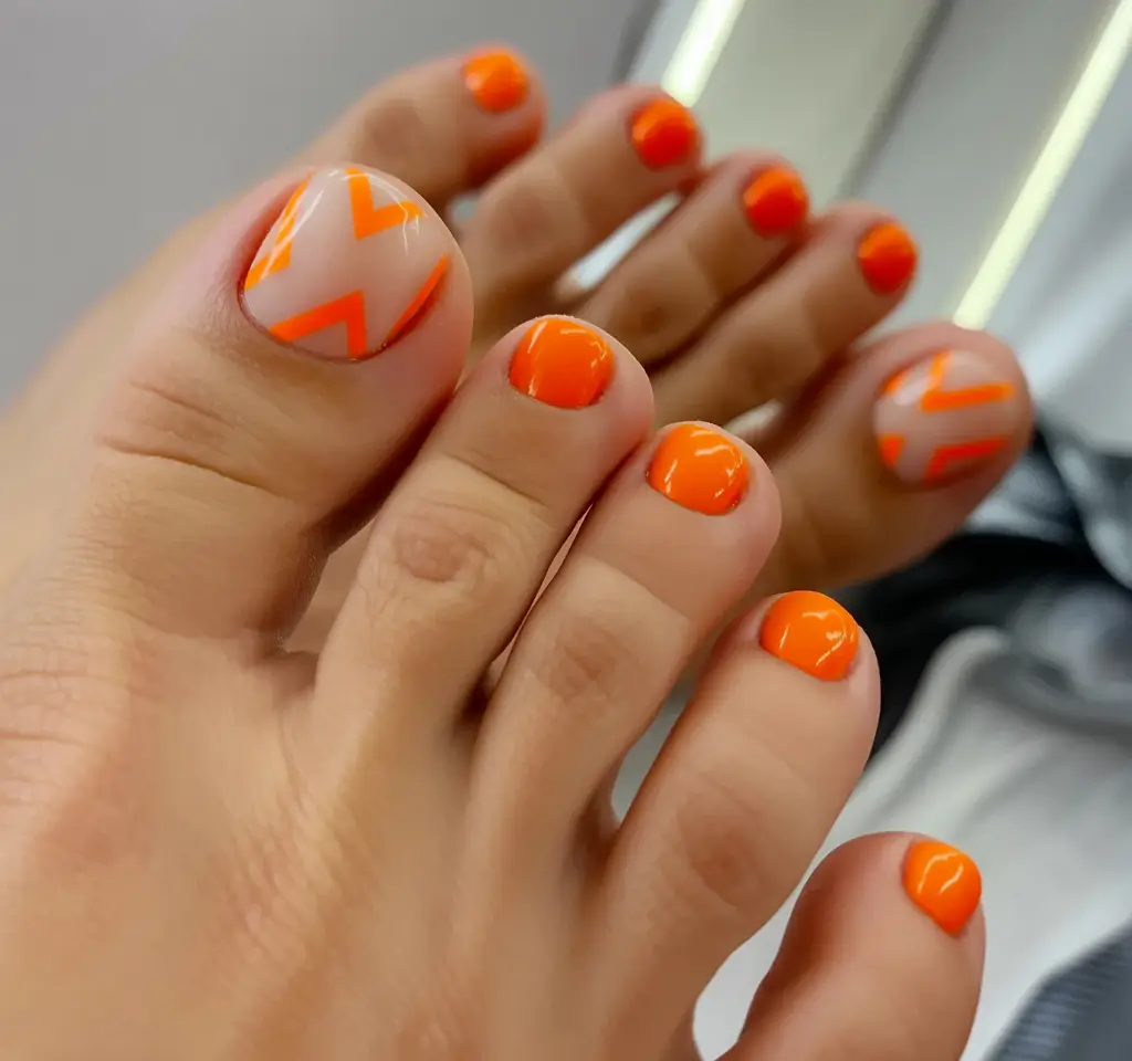 Toe Nail Ideas August 2025 - Pedicure Inspiration Zigzag Tangerine Pop