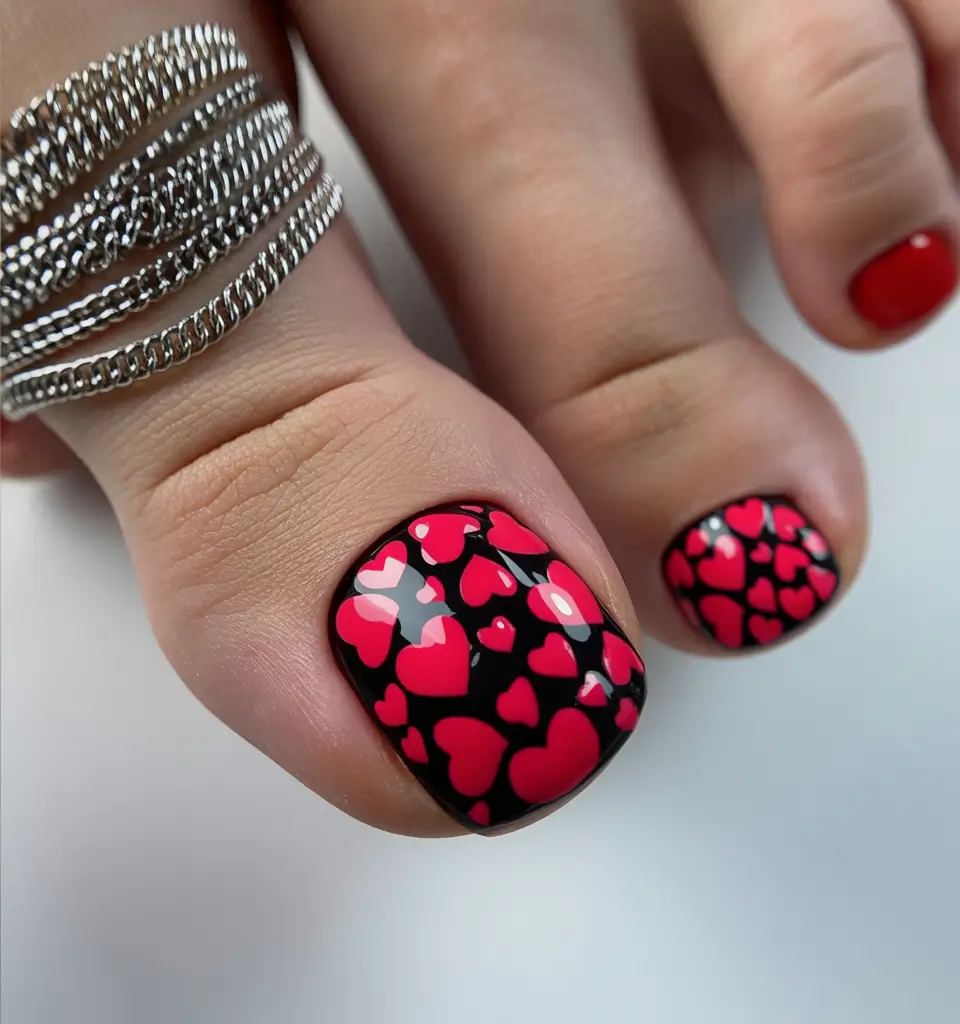 toe nail ideas august 2025 - pedicure inspiration Red Hearts On Black