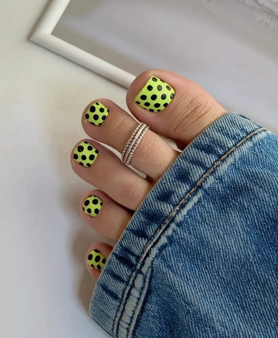 toe nail ideas august 2025 - pedicure inspiration Neon Lime Polka Power