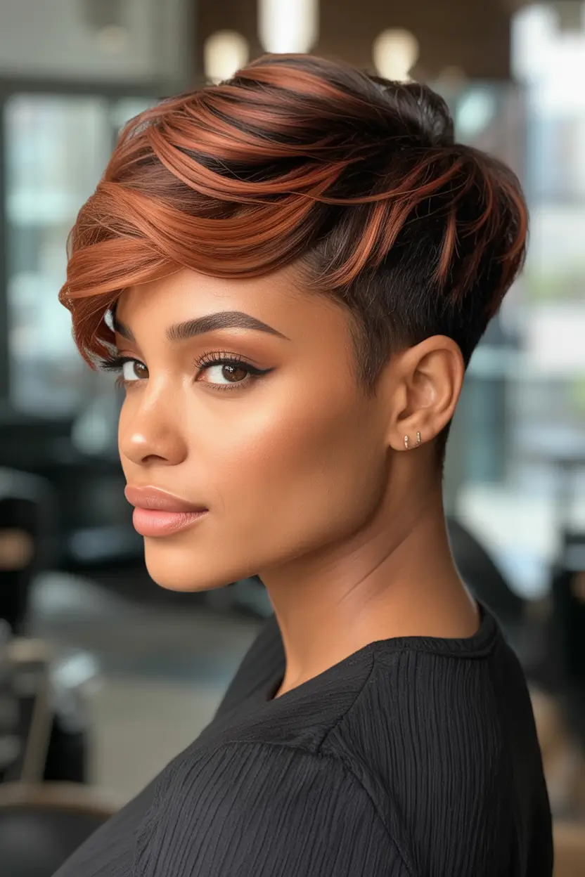 Top Hair Colors for Black Women This Fall 2025 Layered Mahogany Crop With Edgy Sweep
