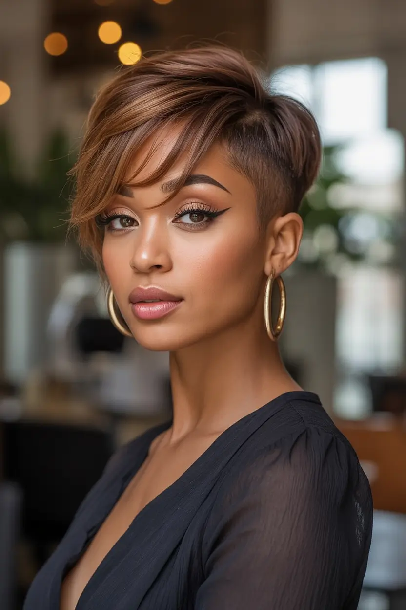 Top Hair Colors for Black Women This Fall 2025 Asymmetrical Pixie With Mushroom Brown Melt