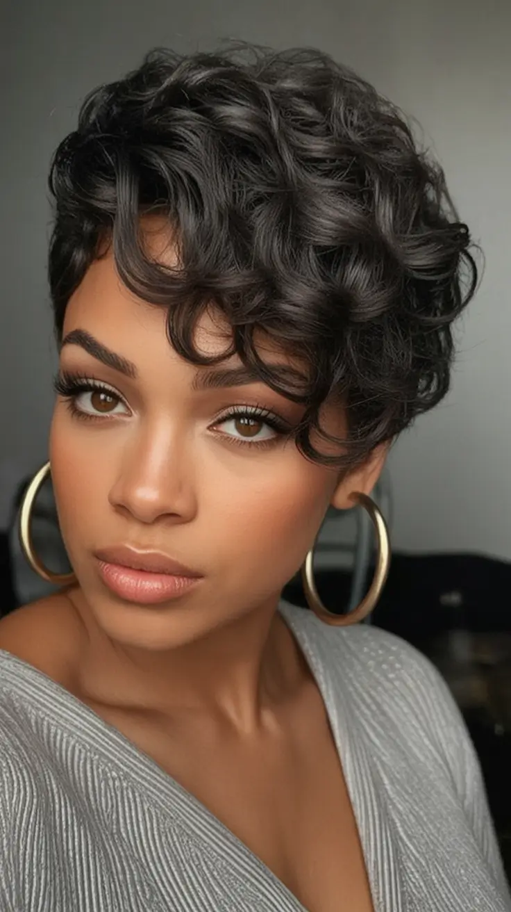 Top Hair Colors for Black Women This Fall 2025 Curly Noir Pixie with Retro Volume