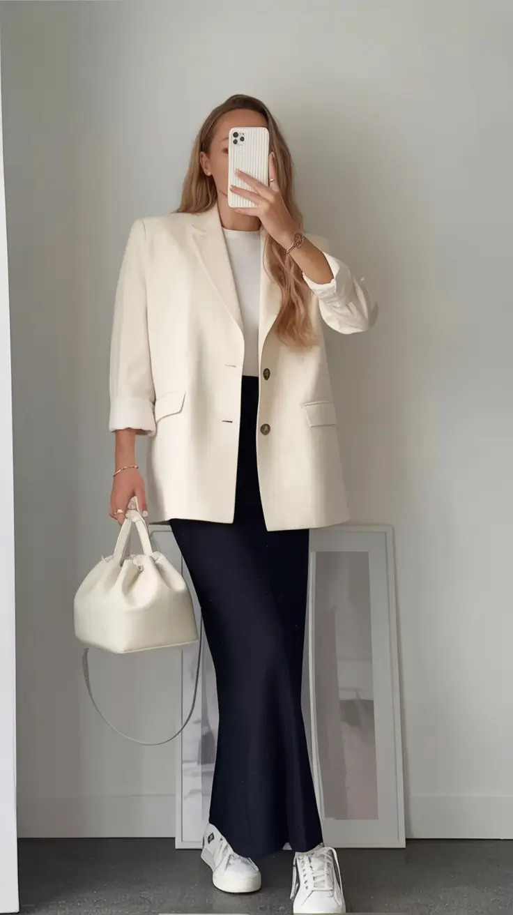 Transitional summer to fall outfits 2025 White Blazer Over Black Staples