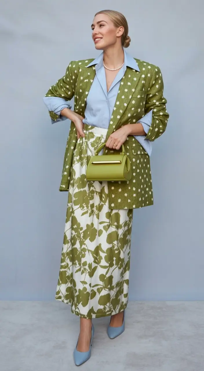 Transitional summer to fall outfits 2025 Green Floral Power Suit Moment