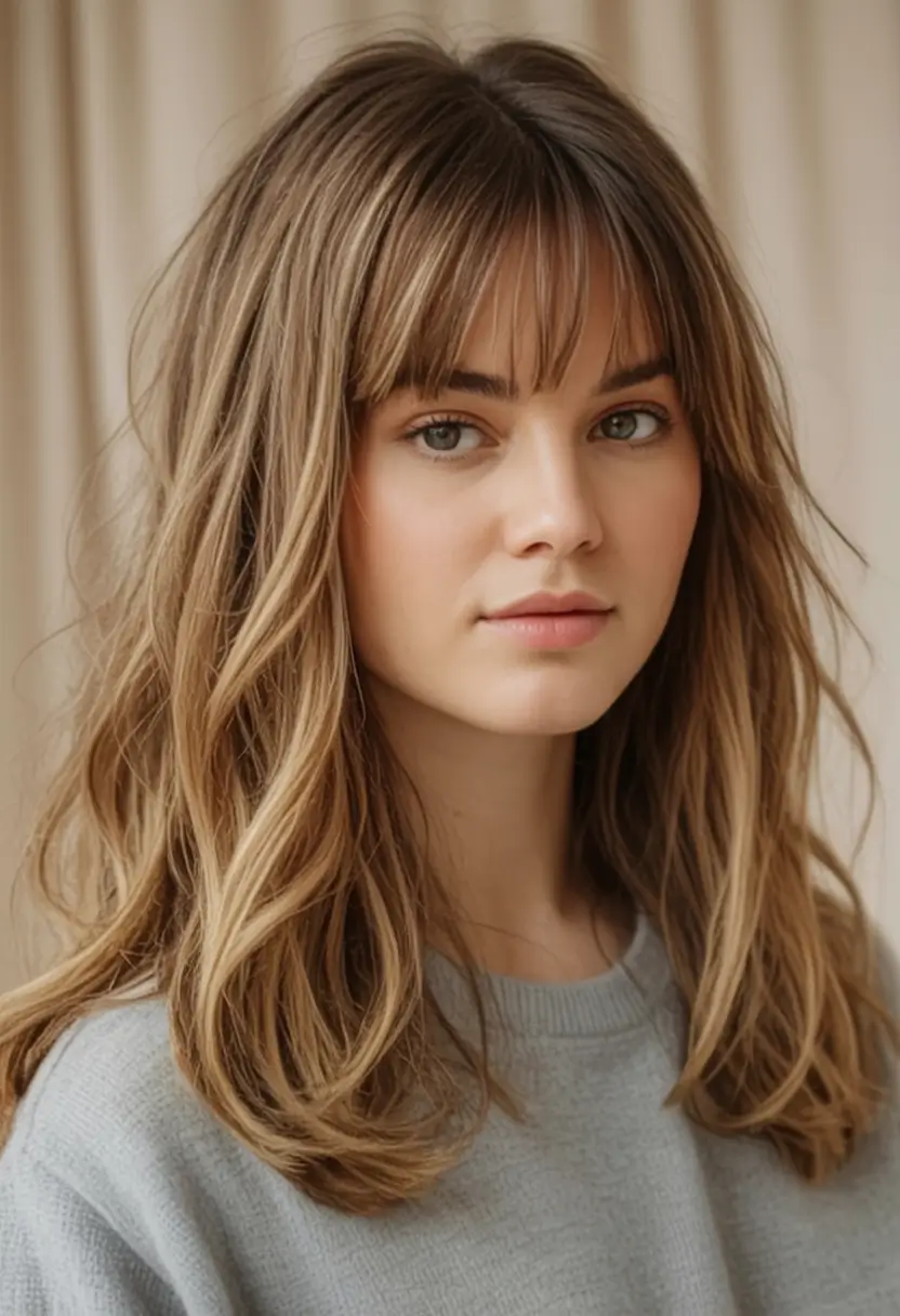 Trending Hair Colors for Fall Season 2025 Hazelnut Balayage With Curtain Bangs