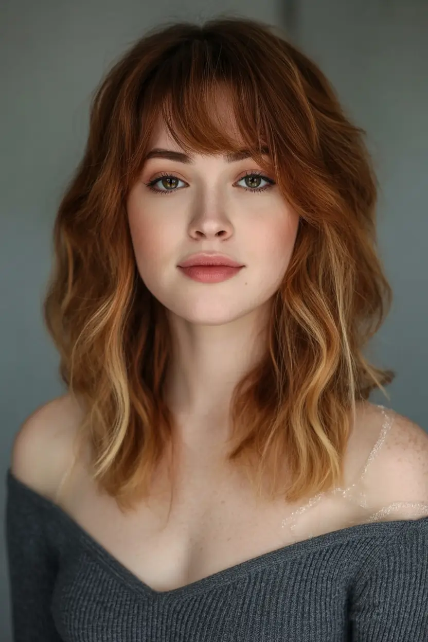 Trending Hair Colors for Fall Season 2025 Soft Caramel Shag With Fringe
