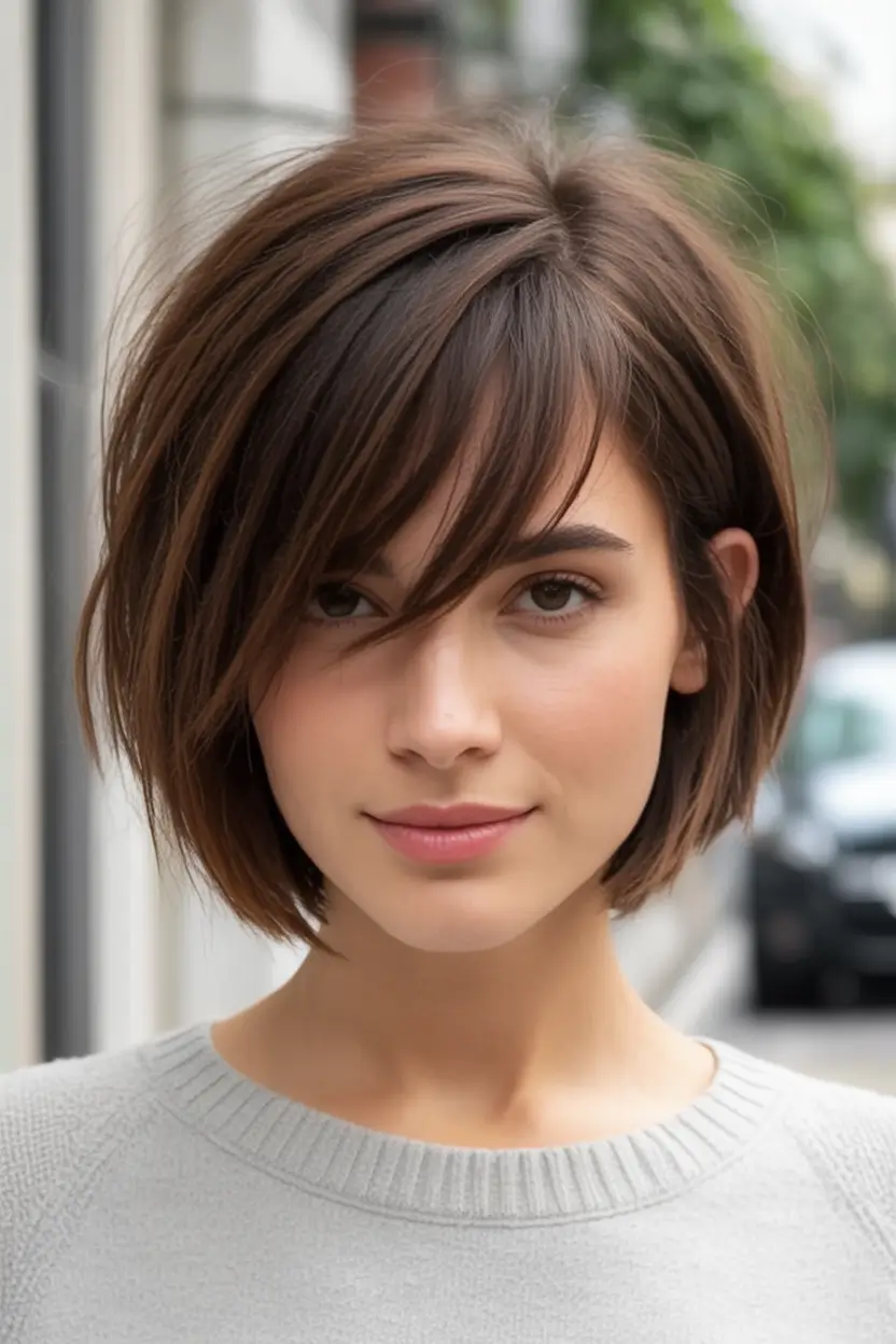 2025 Bob Hairstyles That Scream Fall Style Side-Parted Espresso Bob with Swoop Fringe