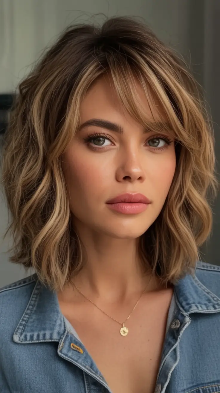 2025 Bob Hairstyles That Scream Fall Style Textured Honey Balayage Bob with Curtain Bangs