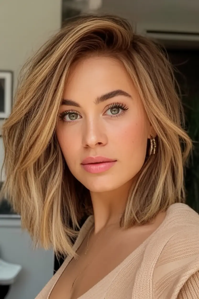 2025 Bob Hairstyles That Scream Fall Style Layered Caramel Lob with Side Volume