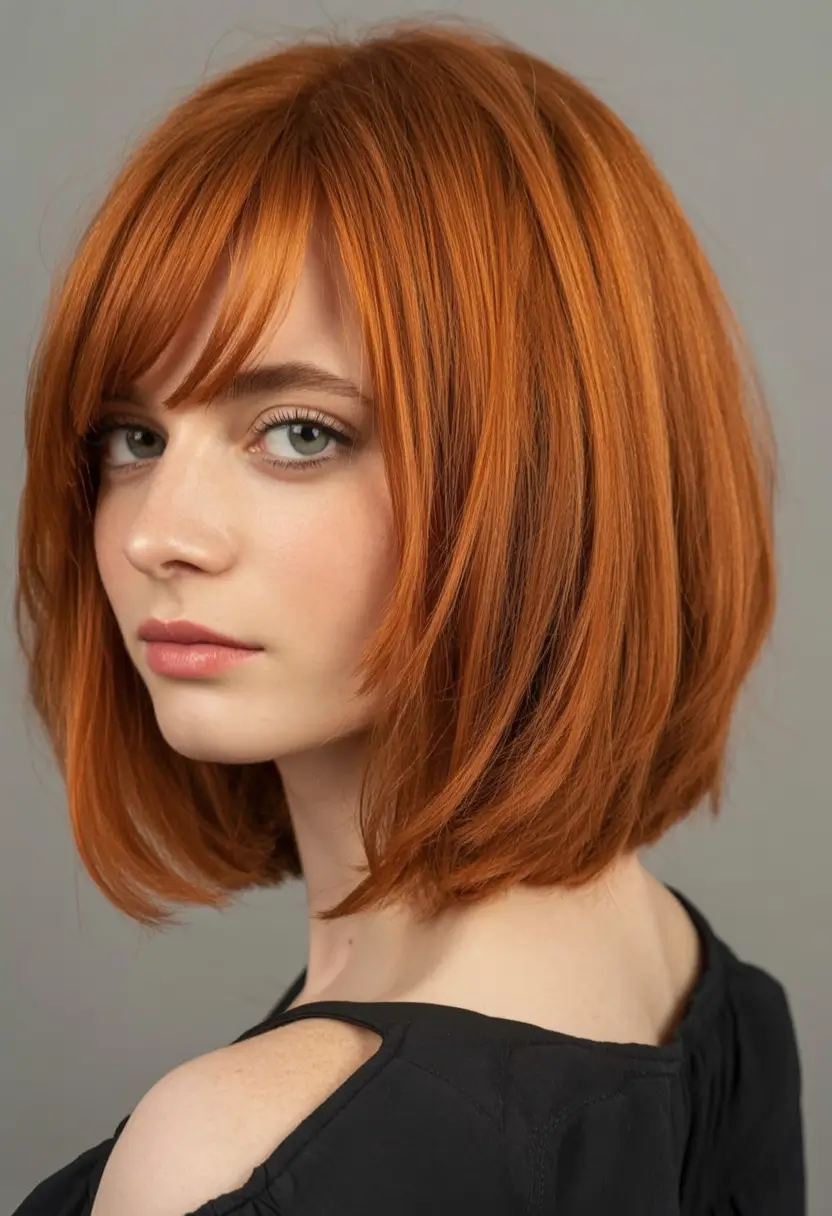 2025 Bob Hairstyles That Scream Fall Style Silky Copper Layers with Eyelash Bangs