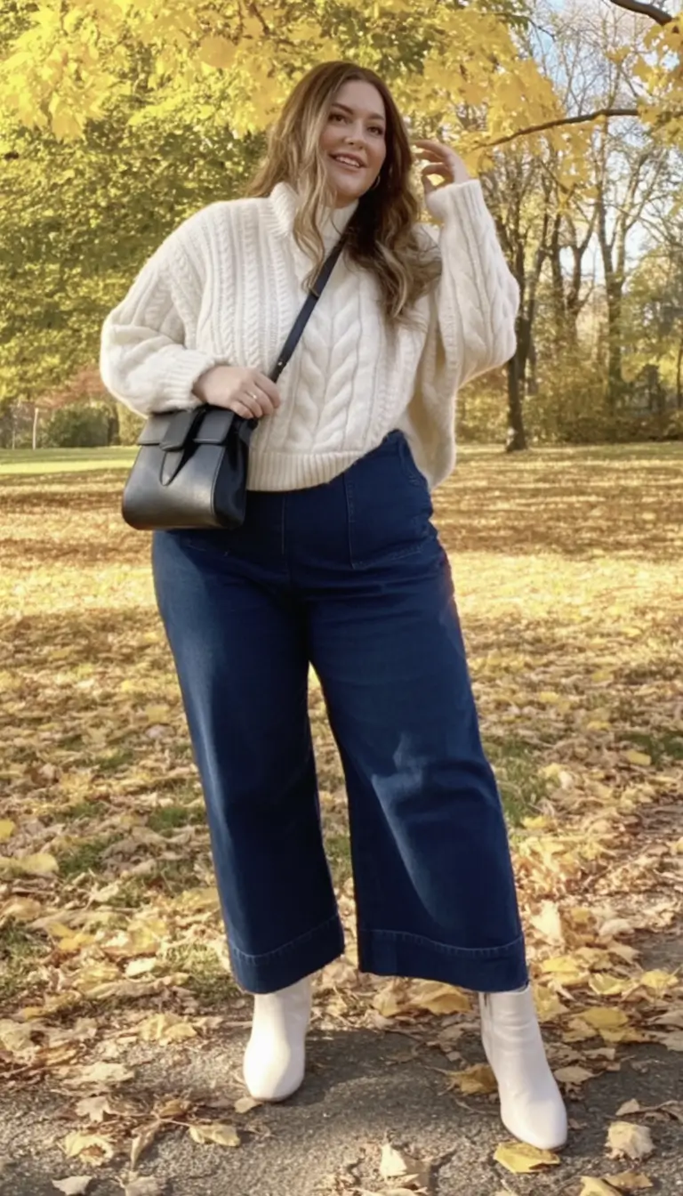 2025 Fall outfits Trends for Plus Size Women Cozy Cable Knits Meet Dark Denim Drama