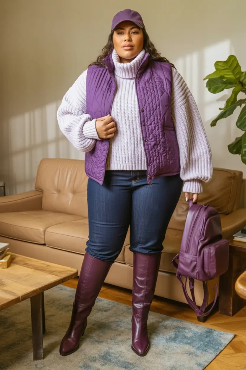 2025 Fall outfits Trends for Plus Size Women Plum Tones And Quilted Layers That Pop