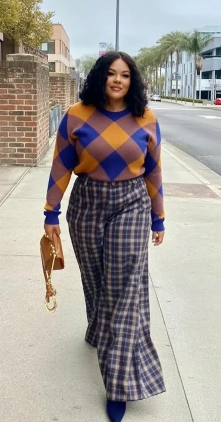2025 Fall outfits Trends for Plus Size Women Checkmate on Texture Mixing