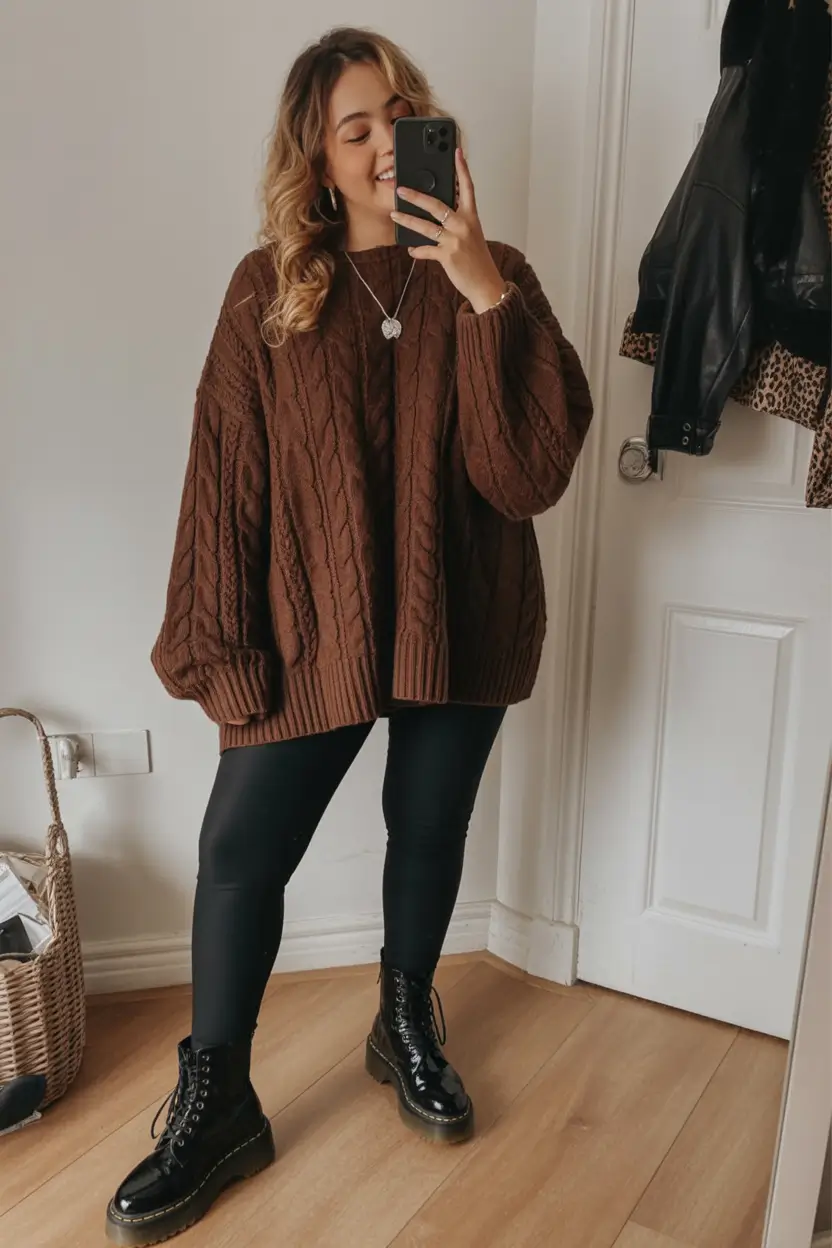 2025 Fall outfits Trends for Plus Size Women Chocolate Cable-Knit Cozy Chic
