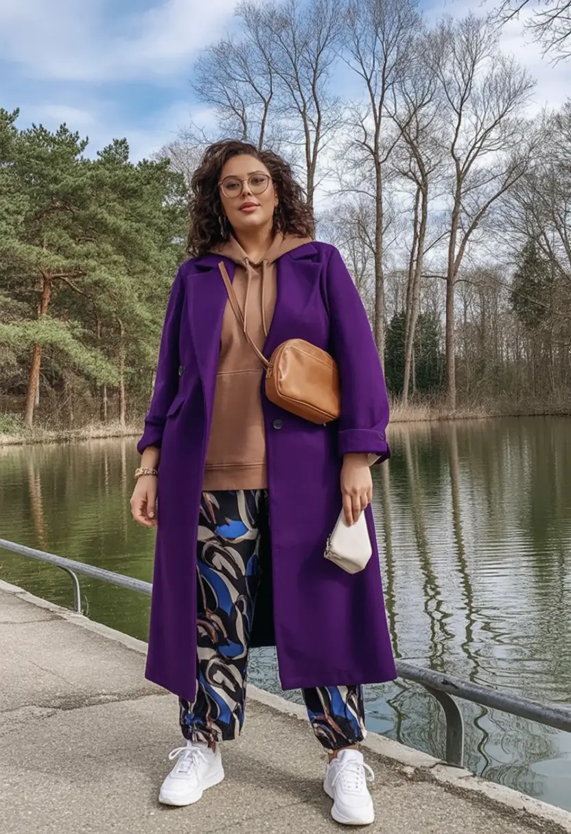 2025 Fall outfits Trends for Plus Size Women Bold Purple Coats and Artsy Vibes