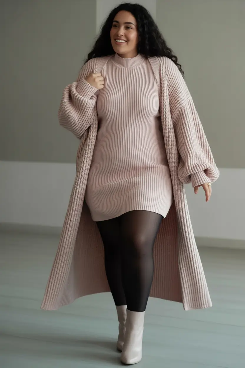 2025 Fall outfits Trends for Plus Size Women Monochrome Blush Magic With Ribbed Texture