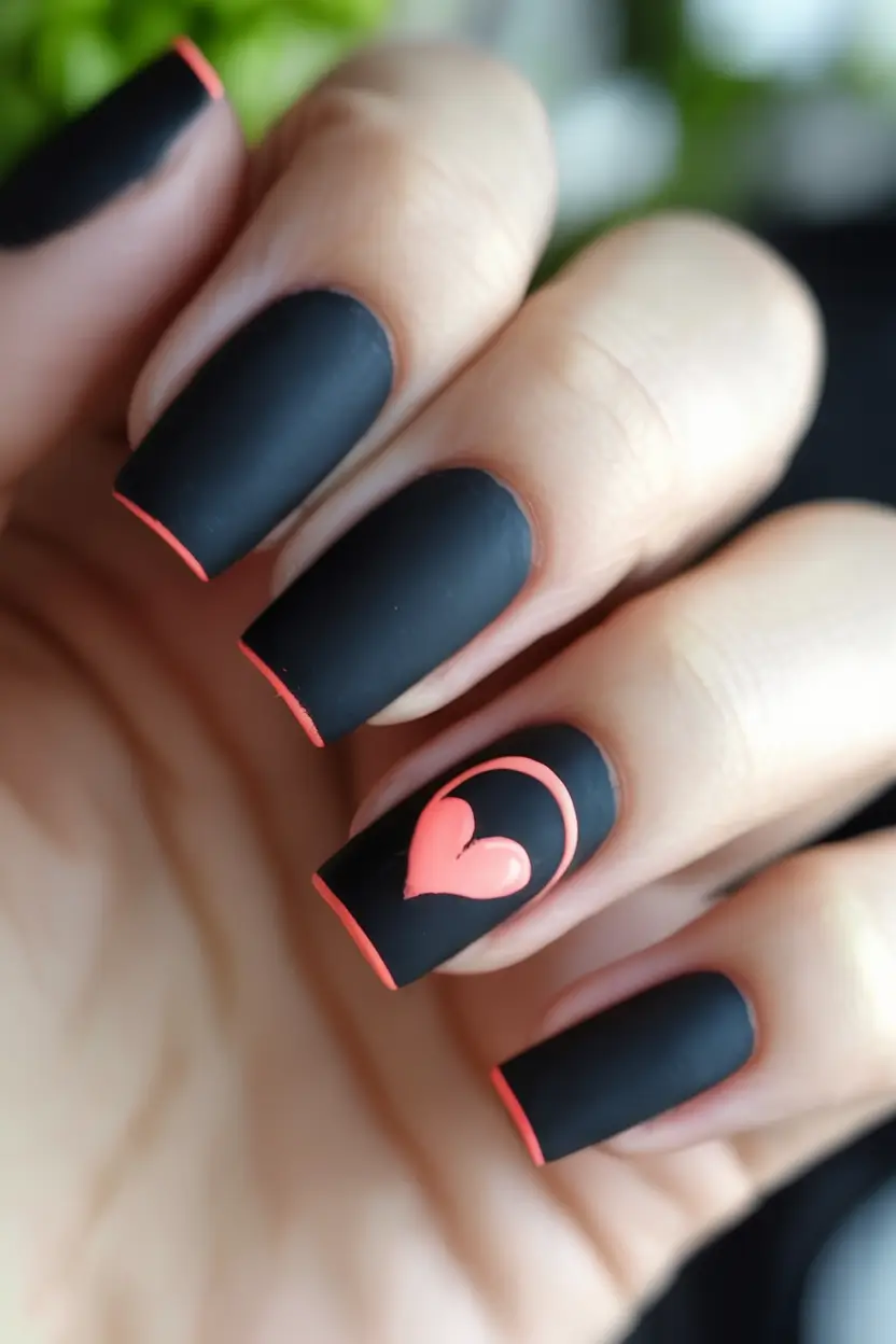 Autumn Nail Design Inspiration 2025 Matte Black & Neon Heartline