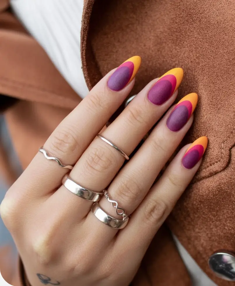Autumn Nail Design Inspiration 2025 Retro Flame Almond in Sunset Tones