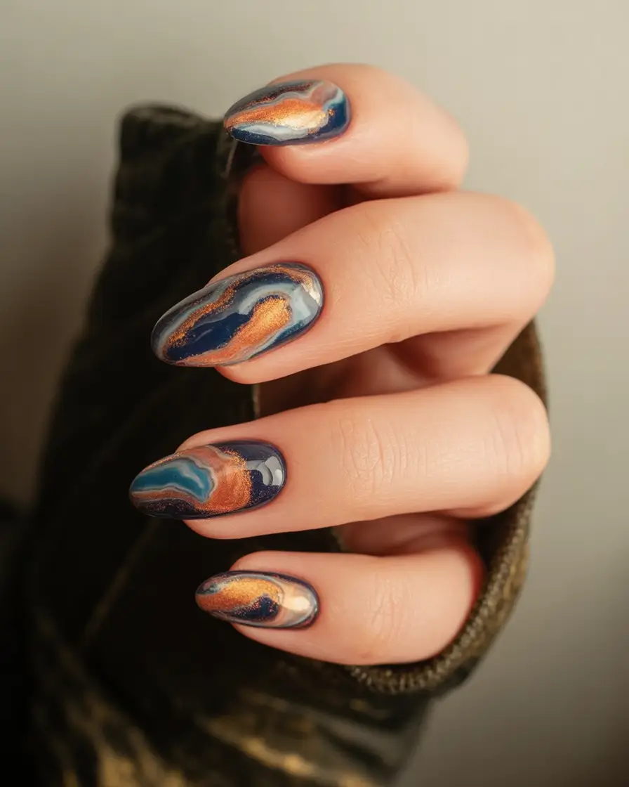 Autumn Nail Design Inspiration 2025 Earthy Marble with a Metallic Twist