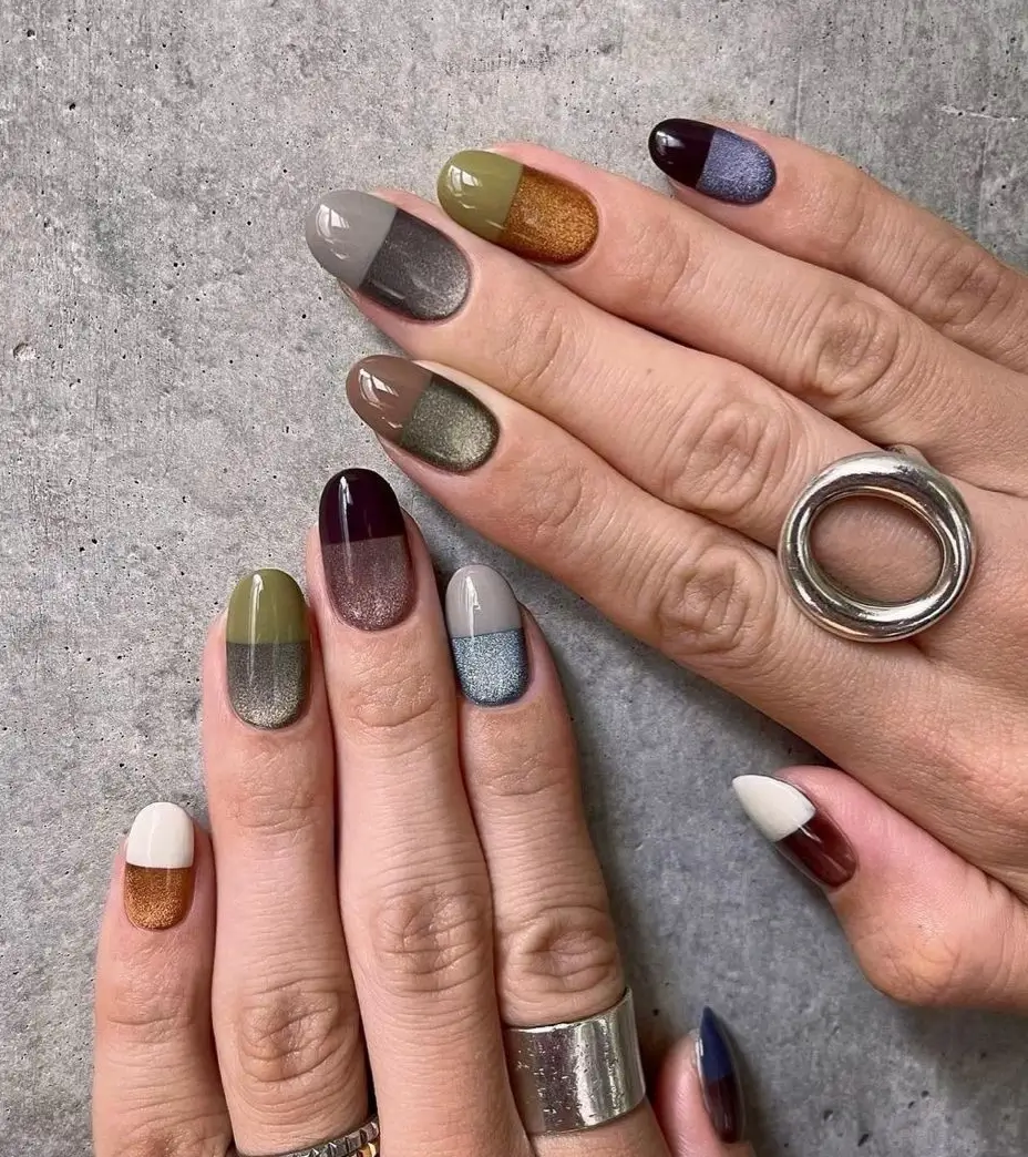 Autumn Nail Design Inspiration 2025 Split-Tone Metallic Layer