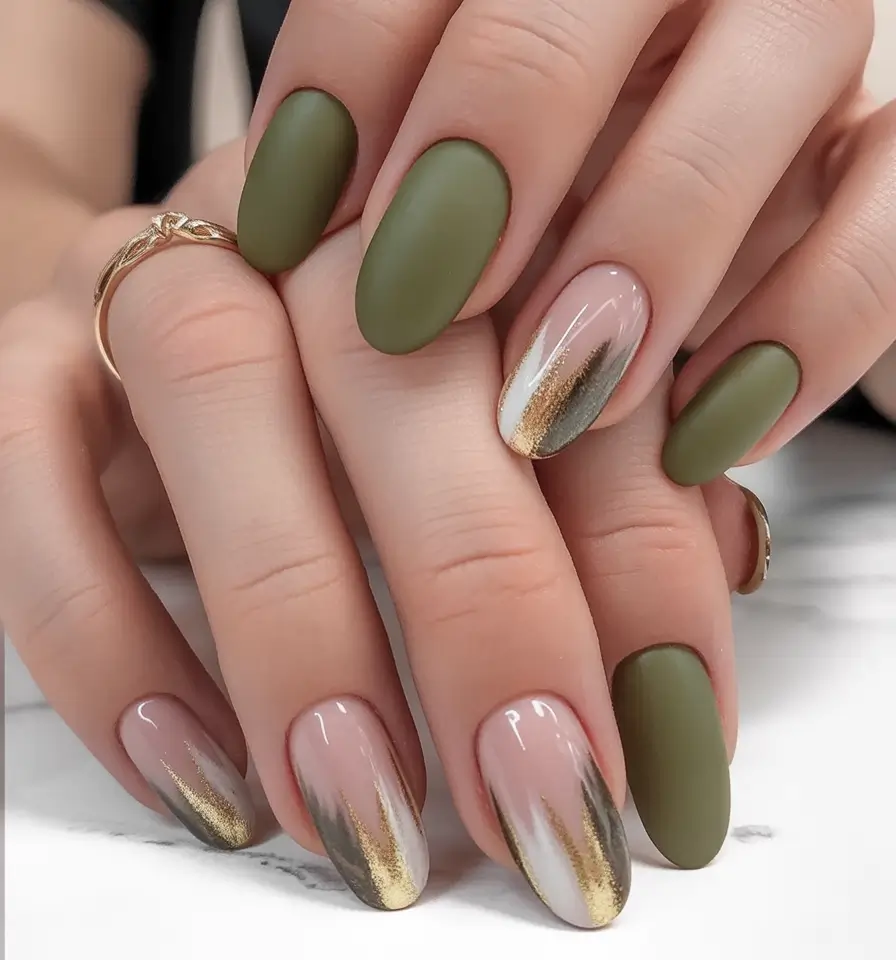 Autumn Nail Design Inspiration 2025 Olive Green Meets Golden Fade