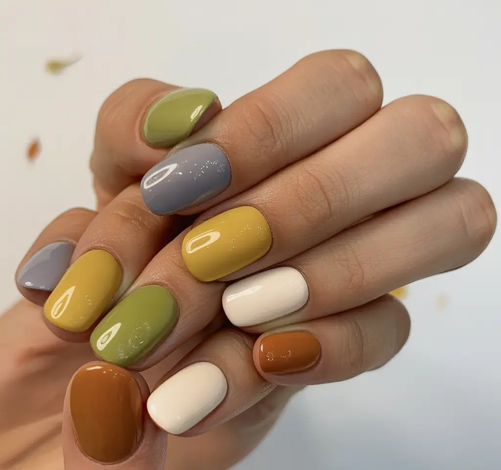 Autumn Nail Design Inspiration 2025 Glossy Patchwork in Autumn Neutrals
