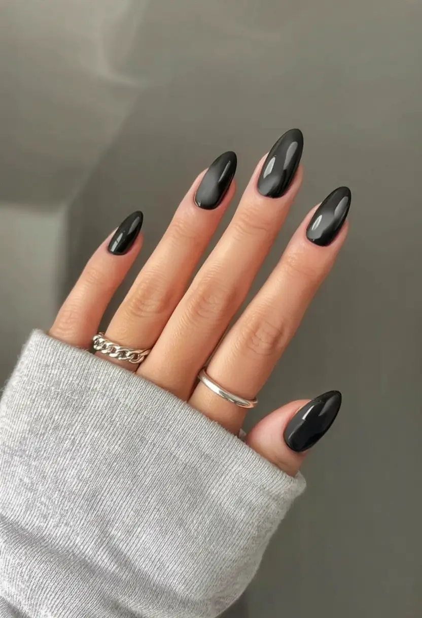 Autumn Nail Design Inspiration 2025 High Gloss Jet Black Almond