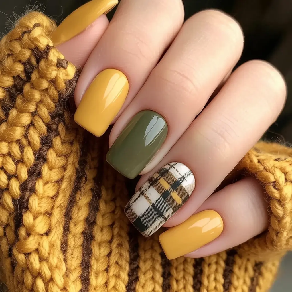 autumn nails color 2025 Plaid and Mustard Perfection