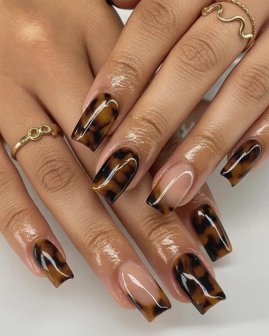 autumn nails color 2025 Tortoiseshell Tips with Natural Base