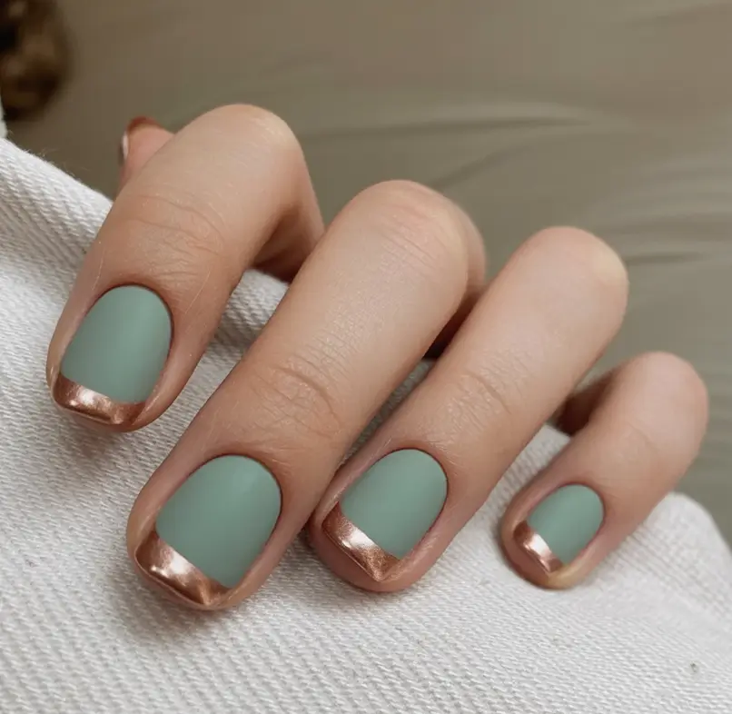 autumn nails color 2025 Matte Sage with Copper Half-Moons