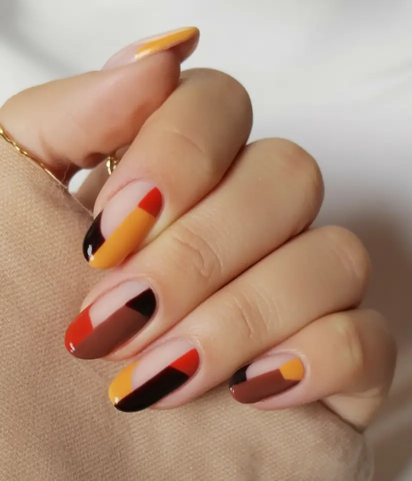 autumn nails color 2025 Retro Color Blocking With Burnt Energy