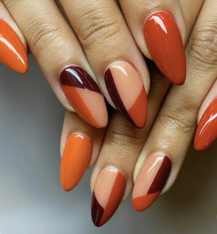 autumn nails color 2025 Spiced Geometric Color Blocking