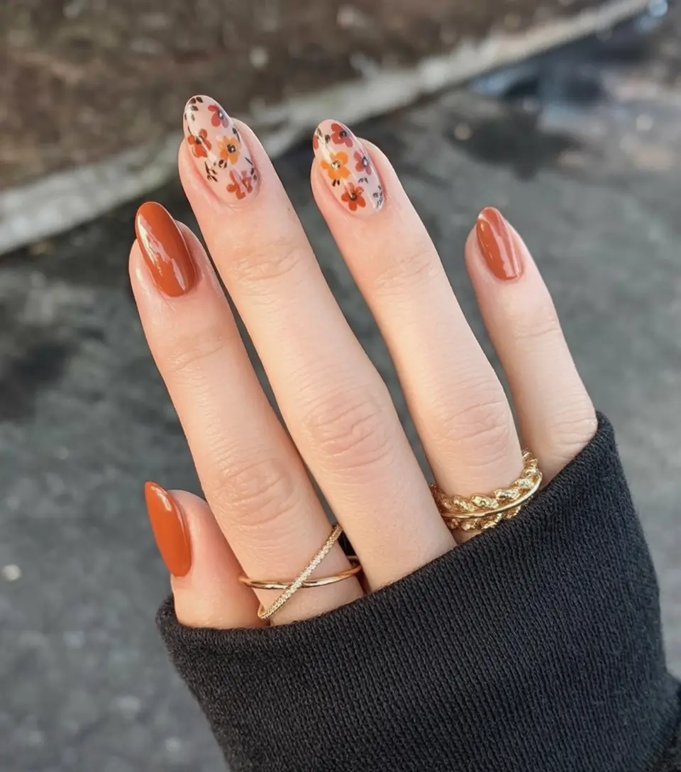 autumn nails color 2025 Warm Florals and Rusty Oranges