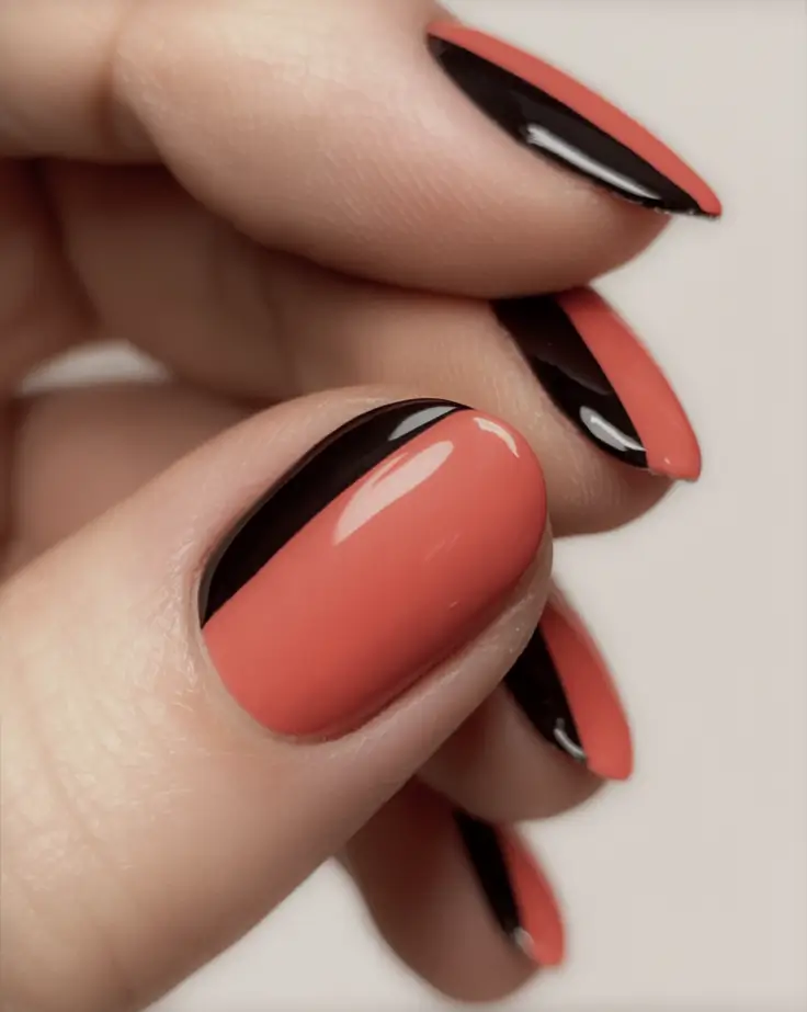 autumn nails color 2025 Two-Tone Black and Burnt Orange Minimalism