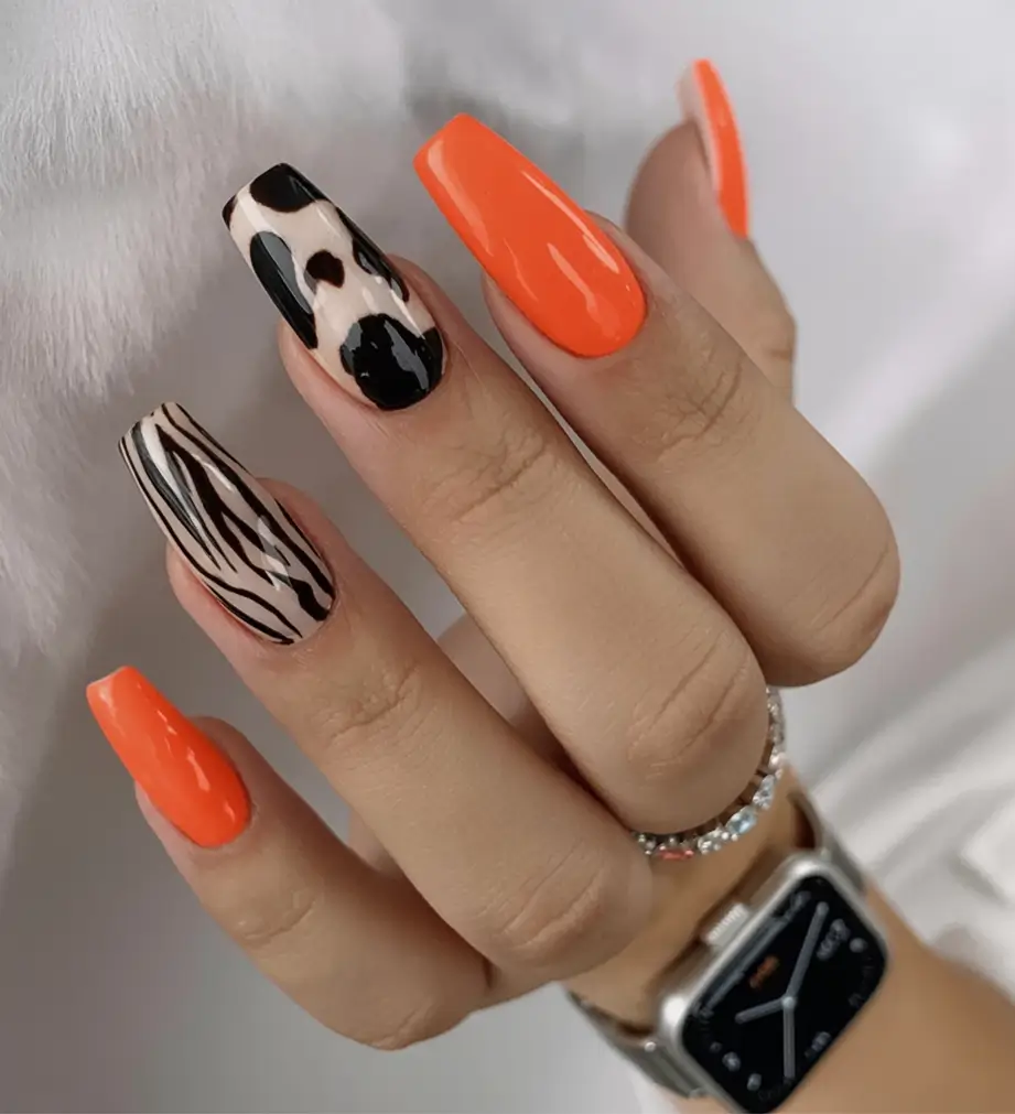 autumn nails color 2025 Wild Neons and Animal Print Clash