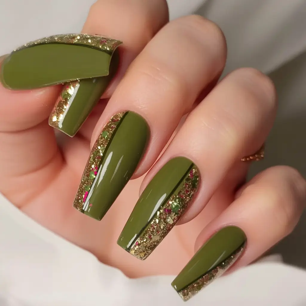 autumn nails color 2025 Army Green With Golden Sparkle