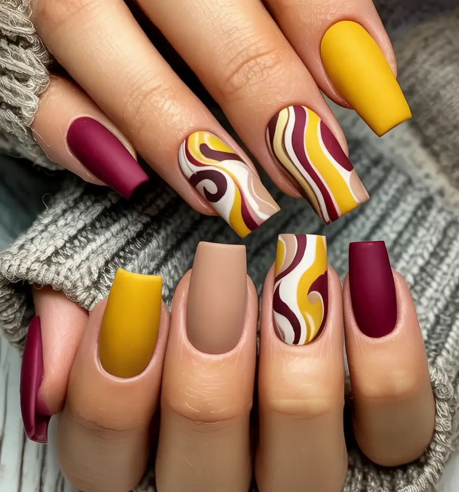 autumn nails color 2025 Swirls, Spice, and 70s Vibes
