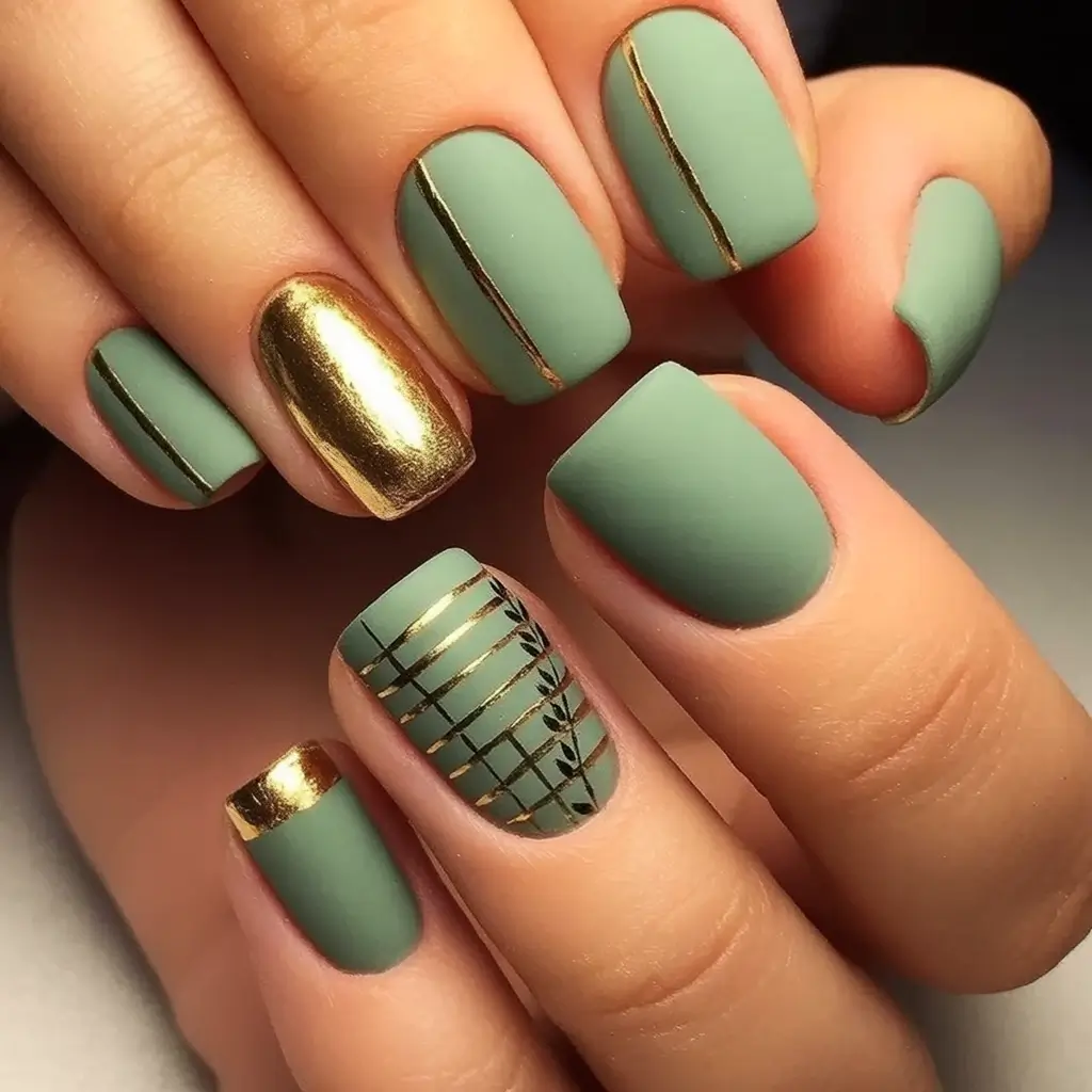 autumn nails color 2025 Modern Matte Sage With Gold Foil