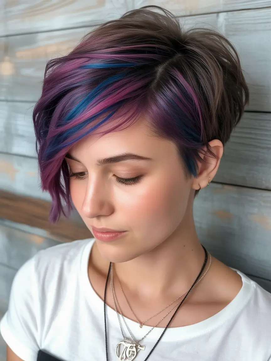 Balayage Hair Color Inspiration for Fall 2025 Smoky Mauve Balayage on a Cropped Pixie