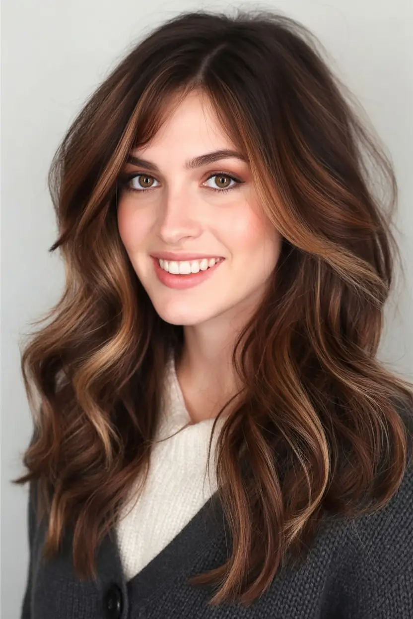 Balayage Hair Color Inspiration for Fall 2025 Chocolate Chestnut Waves with Soft Blonde Ribbons